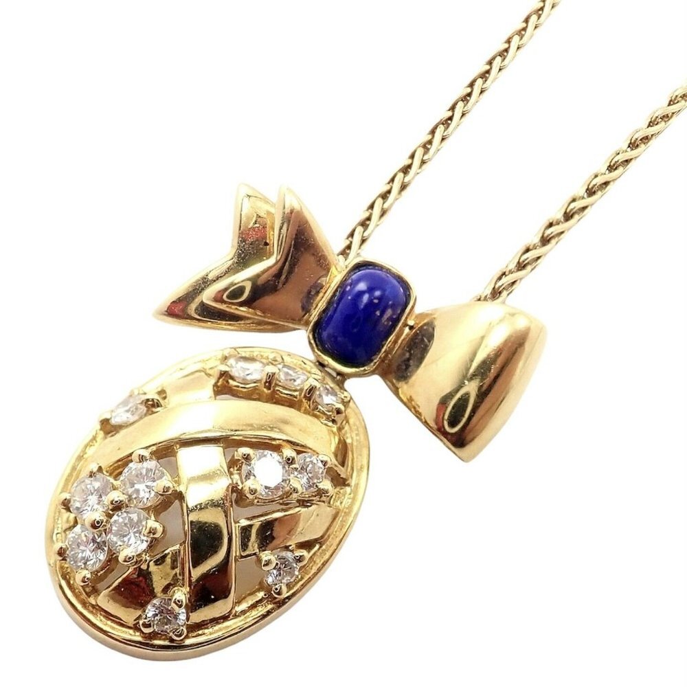 Authentic! Christian Dior 18k Yellow Gold Lapis Diamond Egg Pendant Necklace​